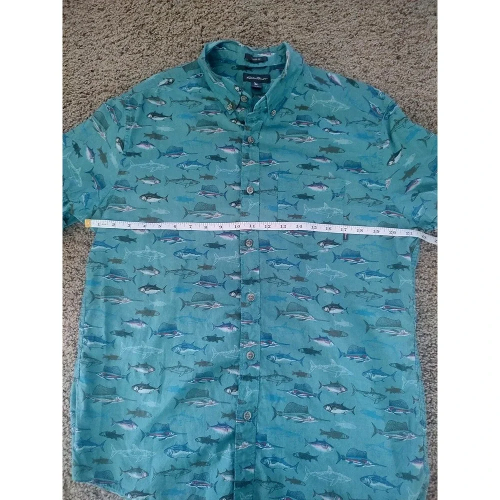 Eddie‎ Bauer Shirt Men's Large Teal Allover Fish Print Cotton Short Sleeve - Picture 3 of 6